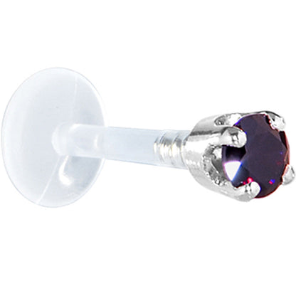 16G 1/4 Solid 14K White Gold 3mm Amethyst Cubic Zirconia Bioplast Tragus Earring Stud