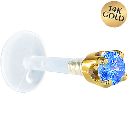 16G 1/4 Solid 14K Yellow Gold 3mm Arctic Blue Cubic Zirconia Bioplast Tragus Earring Stud