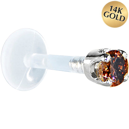 16G 1/4 Solid 14K White Gold 3mm Brown Cubic Zirconia Bioplast Tragus Earring Stud