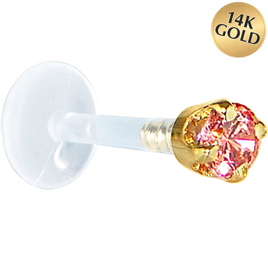 16G 1/4 Solid 14K Yellow Gold 3mm Salmon Cubic Zirconia Bioplast Tragus Earring Stud