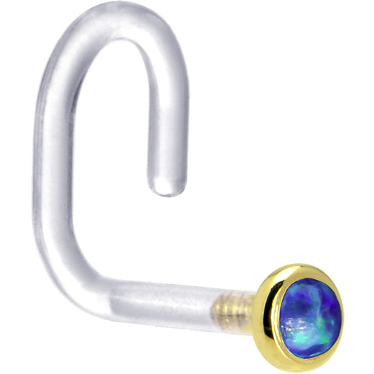 18G 1/4 Yellow Gold 2mm Dark Blue Synthetic Opal Bioplast Nose Ring