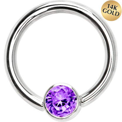 14G 3/8 Solid 14K White Gold Purple CZ Gem Captive Ring