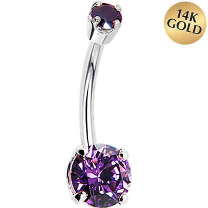 14k White Gold Amethyst Cubic Zirconia Round Belly Ring