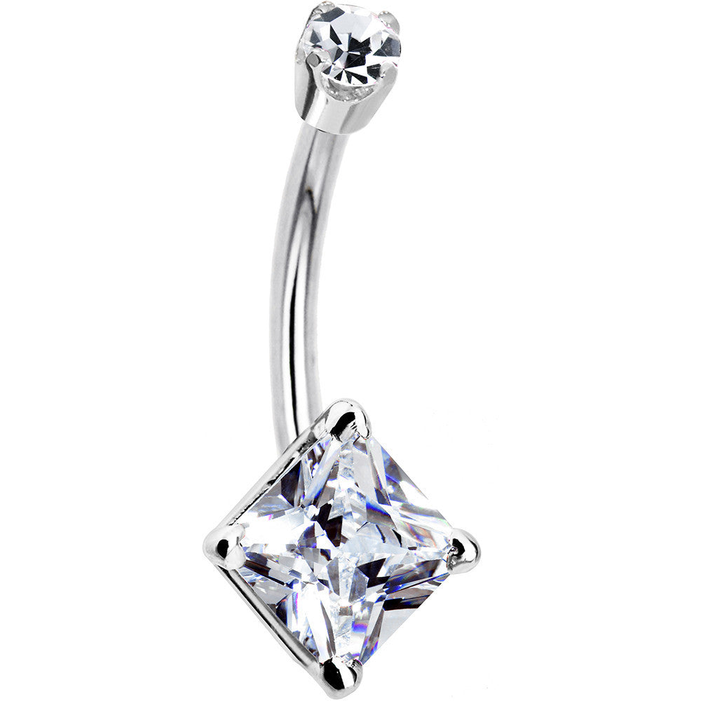 14k White Gold Clear Cubic Zirconia Princess Belly Ring