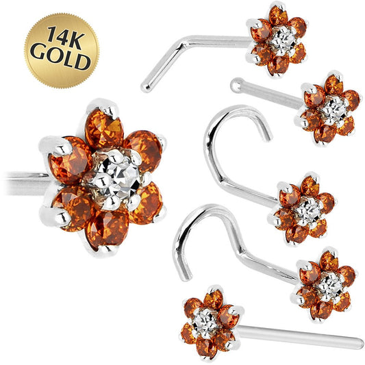 Solid 14K White Gold Orange and Clear Cubic Zirconia Flower Nose Ring