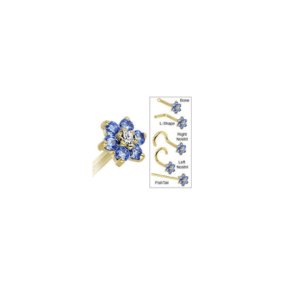 Solid 14K Yellow Gold Arctic Blue and Clear Cubic Zirconia Flower Nose Ring