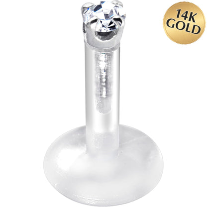 Solid 14K White Gold 1.5mm CZ Bioplast Push in Labret Monroe