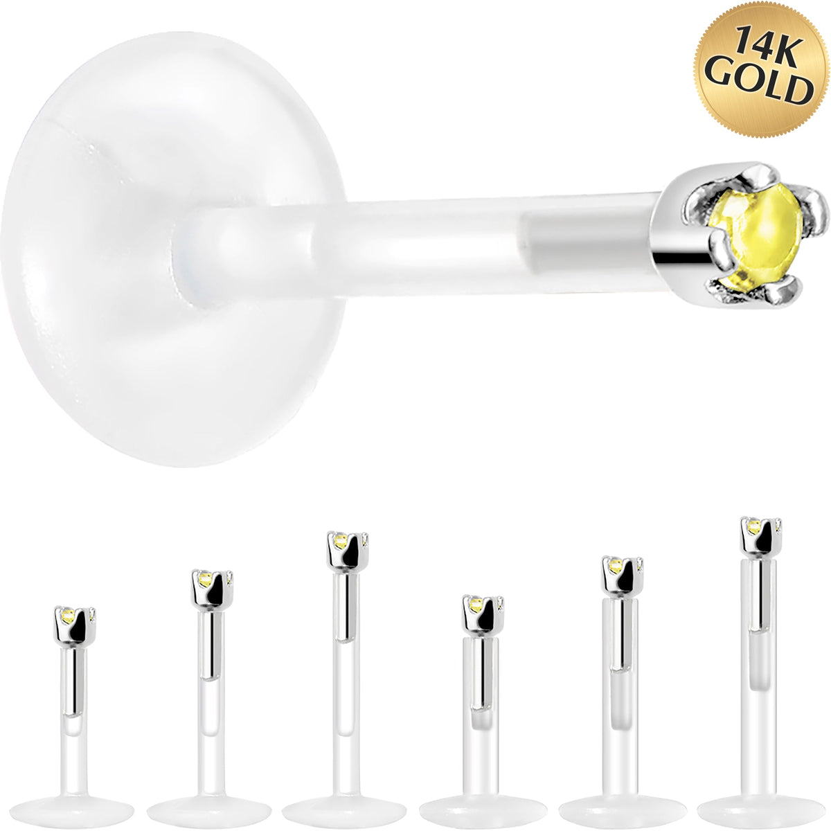 Solid 14K White Gold November 1.5mm CZ Bioplast Push in Labret Monroe