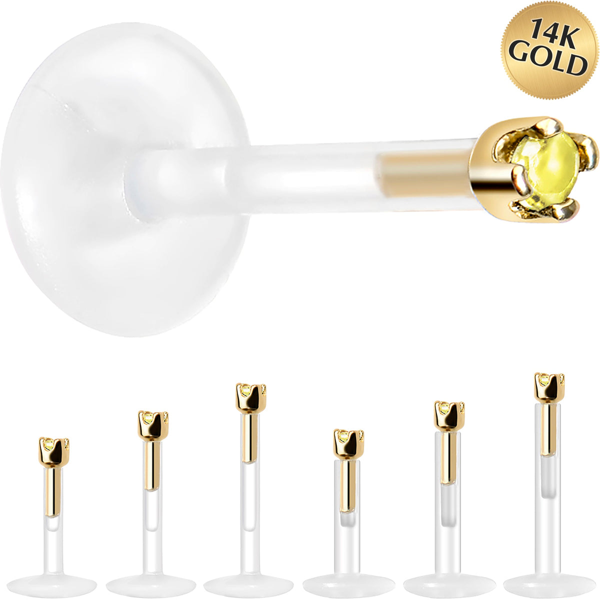 Solid 14K Yellow Gold November 1.5mm CZ Bioplast Push in Labret Monroe