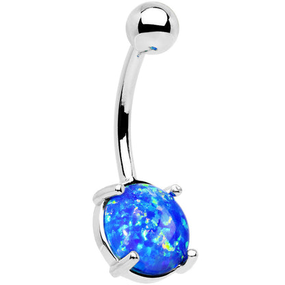 Solid 14k White Gold 8mm Blue Synthetic Opal Belly Ring