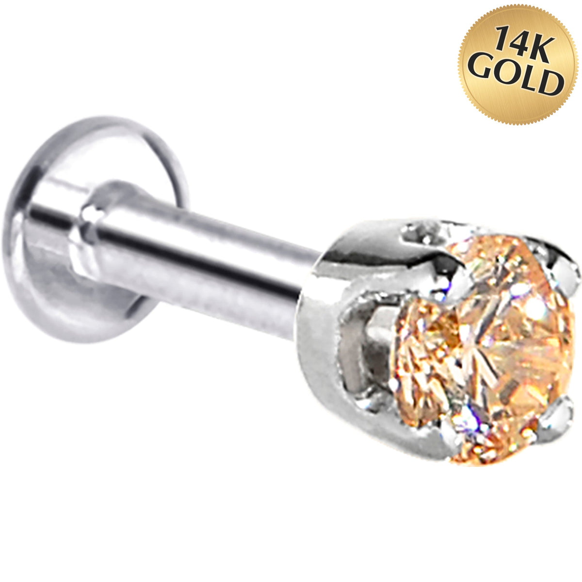 16G Solid 14K White Gold 3mm Champagne Cubic Zirconia Tragus Earring Stud