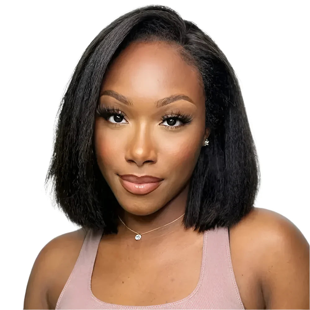 Glueless | Kinky | Straight | Frontal | 100% Human Hair | Wear And Go | Bob | 12A Peruvian Hair | Short | Yaki Straight Wigs