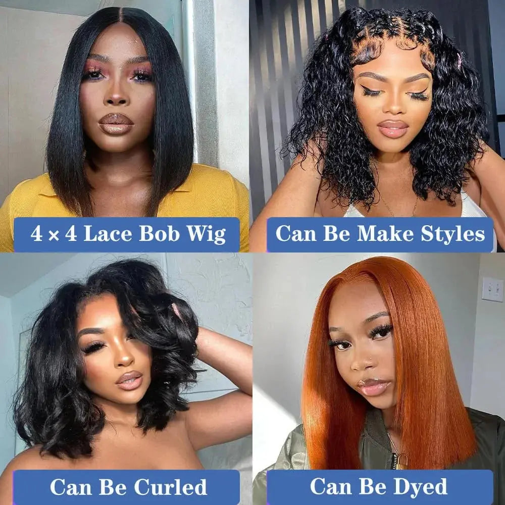 Glueless | Bob Hair | Human Hair | Ready To Wear | Wear And Go | Straight | 4x4 Transparent Lace Closure Wigs