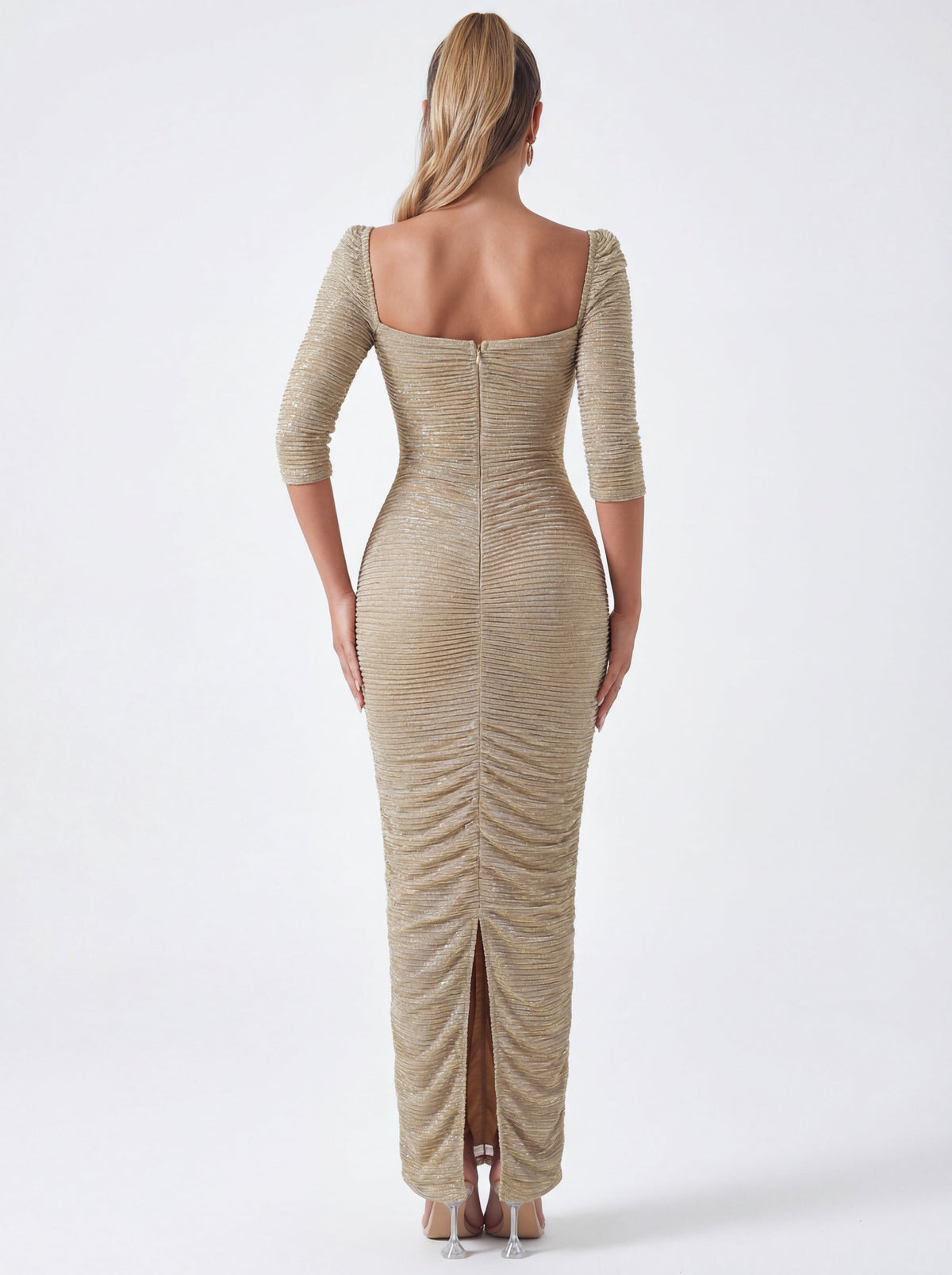 Sorrel Gold Ruched Chiffon Long Maxi Dress