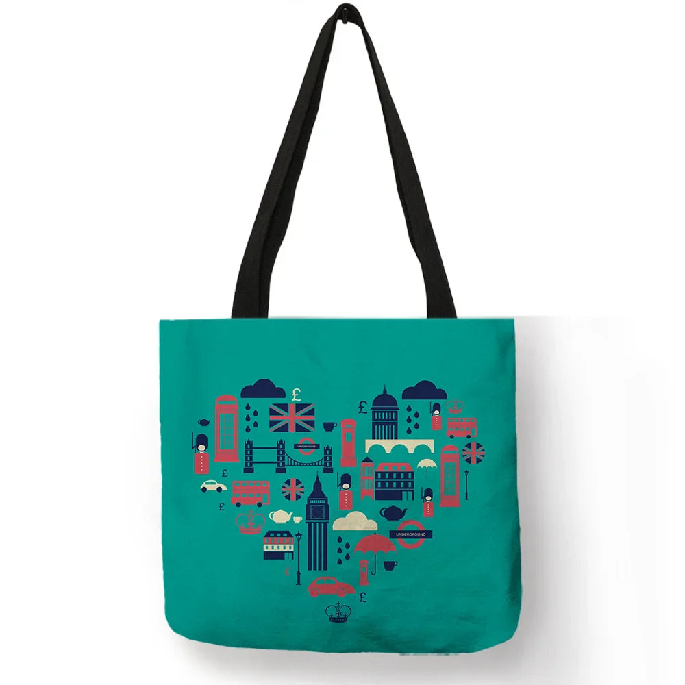 High Quality Linen Shoulder Bag | London Big Ben Tower & Rome Print Tote Bag (Fashion Ladies Casual Beach Shopping Handbag)