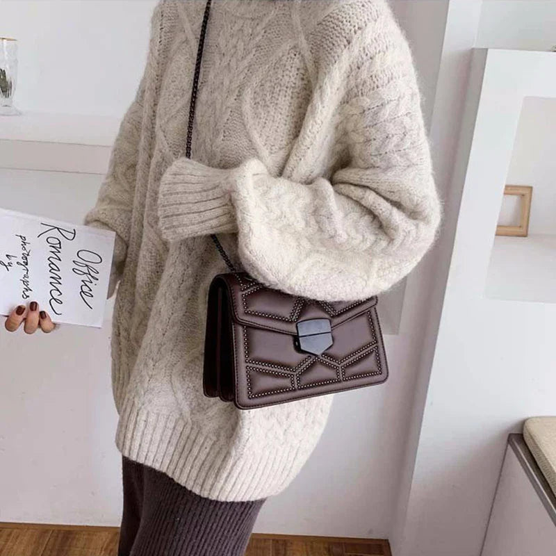 Rivet Chain Small Crossbody Bag for Women | 2022 Luxury Shoulder Messenger Bag (Trendy Lady Handbag with Flap Cover)