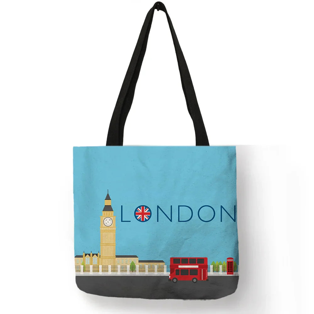 High Quality Linen Shoulder Bag | London Big Ben Tower & Rome Print Tote Bag (Fashion Ladies Casual Beach Shopping Handbag)