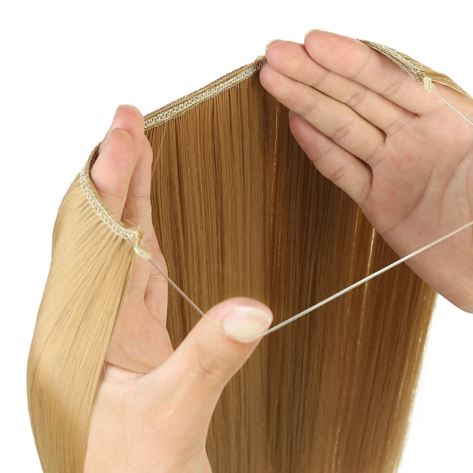 MANWEI24 inches Natural hair Invisible Wire in Synthetic Hair Extensions No Clip with Secrect Line Easy Attach halo hair