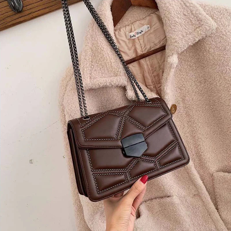 Rivet Chain Small Crossbody Bag for Women | 2022 Luxury Shoulder Messenger Bag (Trendy Lady Handbag with Flap Cover)
