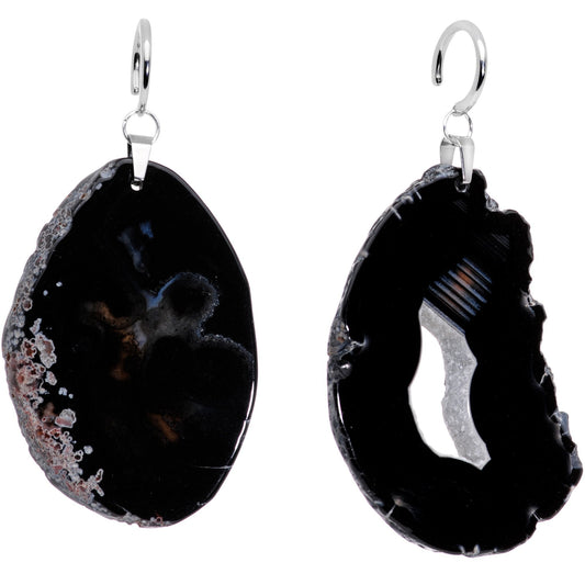 Handcrafted Steel Midnight Shadow Gap Natural Black Agate Ear Weights