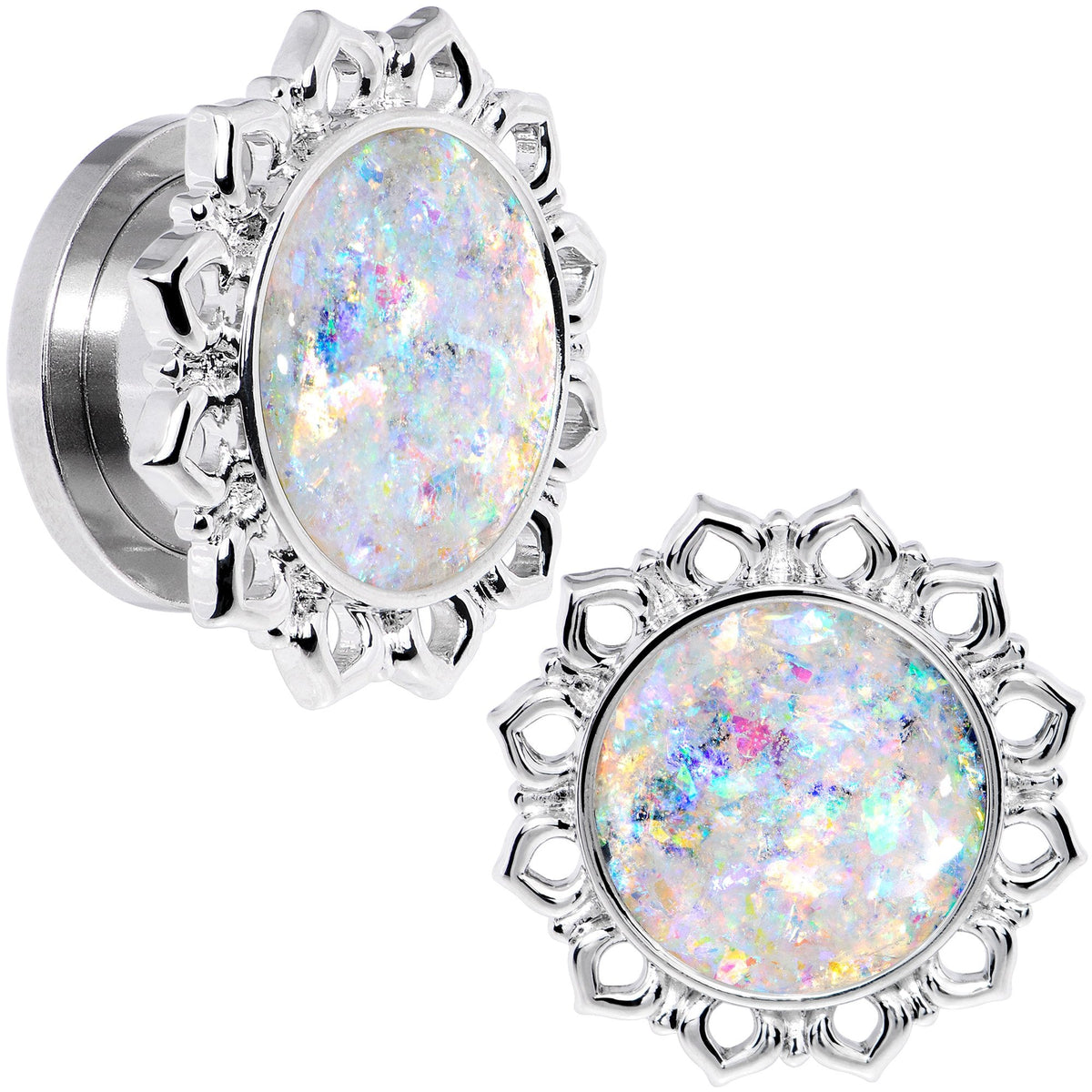 Handcrafted White Faux Opal Mandala Screw Fit Plug Set Sizes 8mm to 20mm