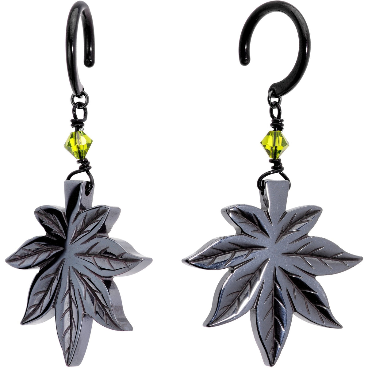 Handcrafted Black Titanium IP Natural Hematite Marijuana Ear Weights
