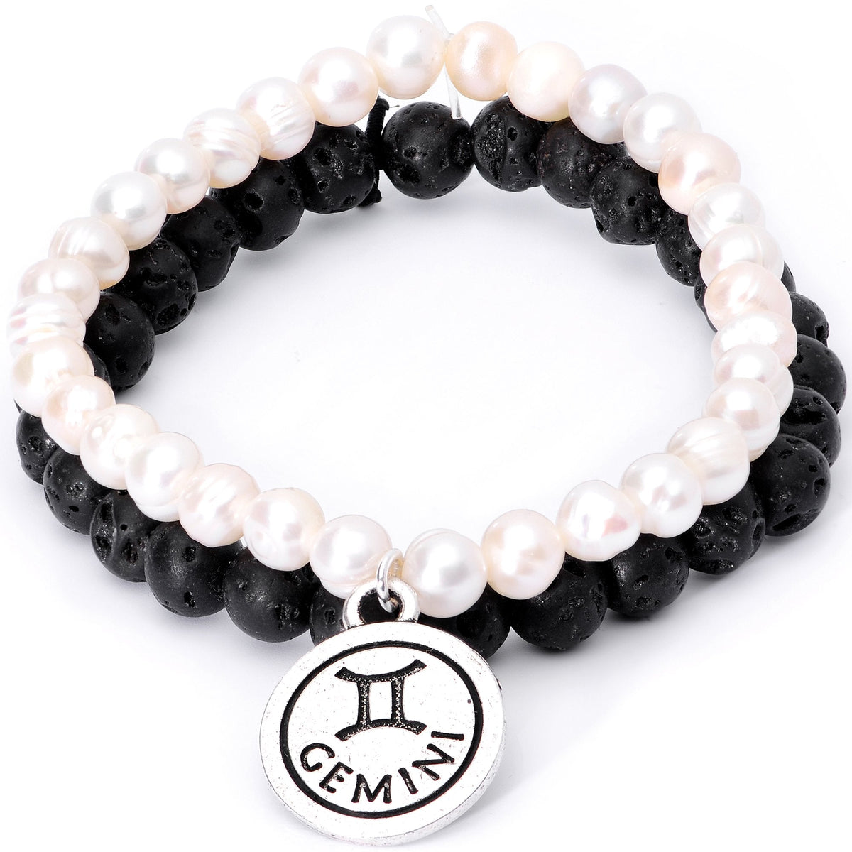 Handmade Lava Stone Freshwater Pearl Gemini Zodiac Bracelet Set of 2