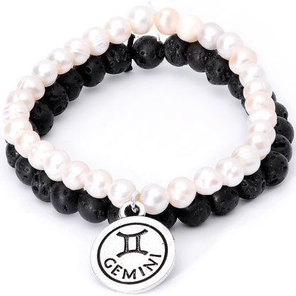 Handmade Lava Stone Freshwater Pearl Gemini Zodiac Bracelet Set of 2