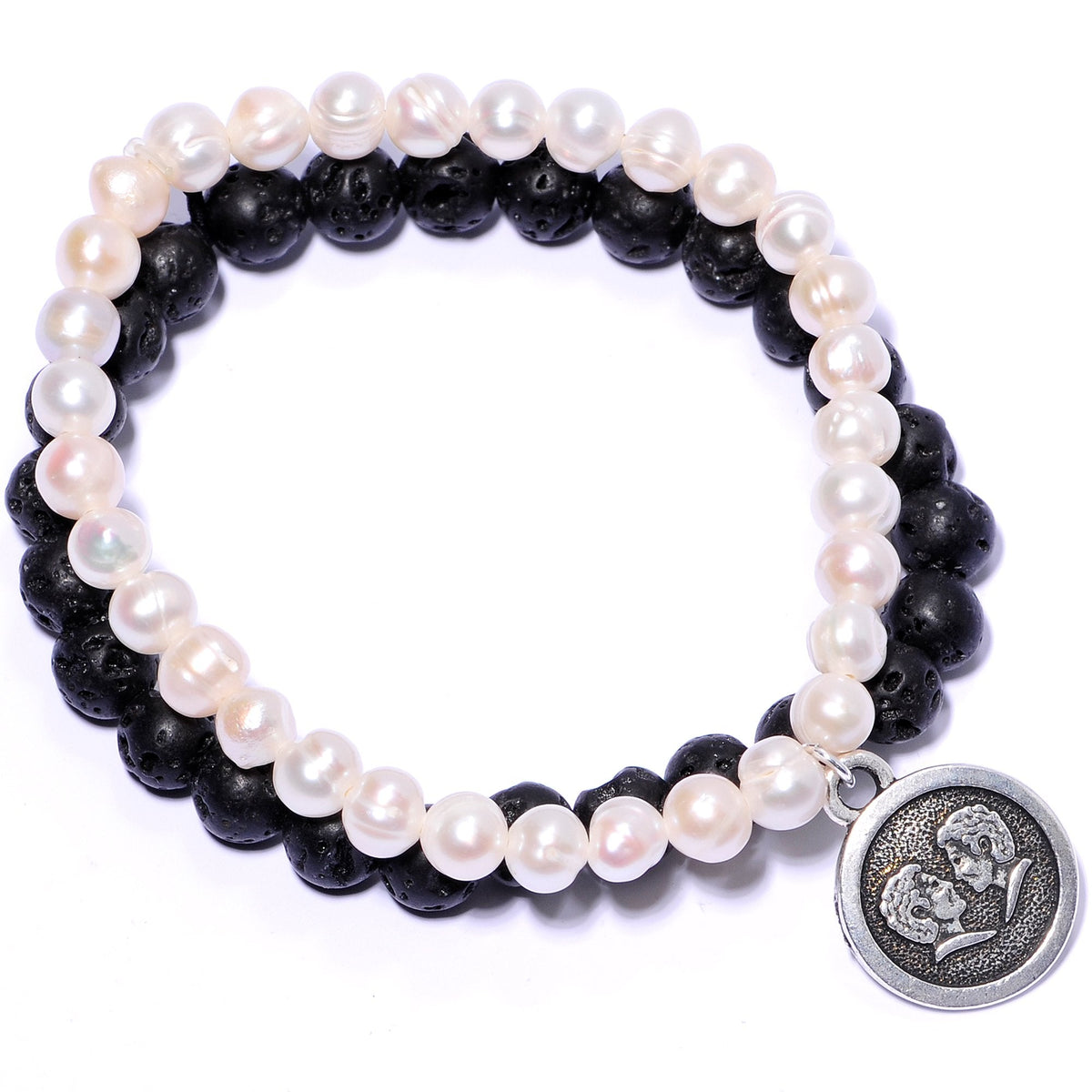 Handmade Lava Stone Freshwater Pearl Gemini Zodiac Bracelet Set of 2