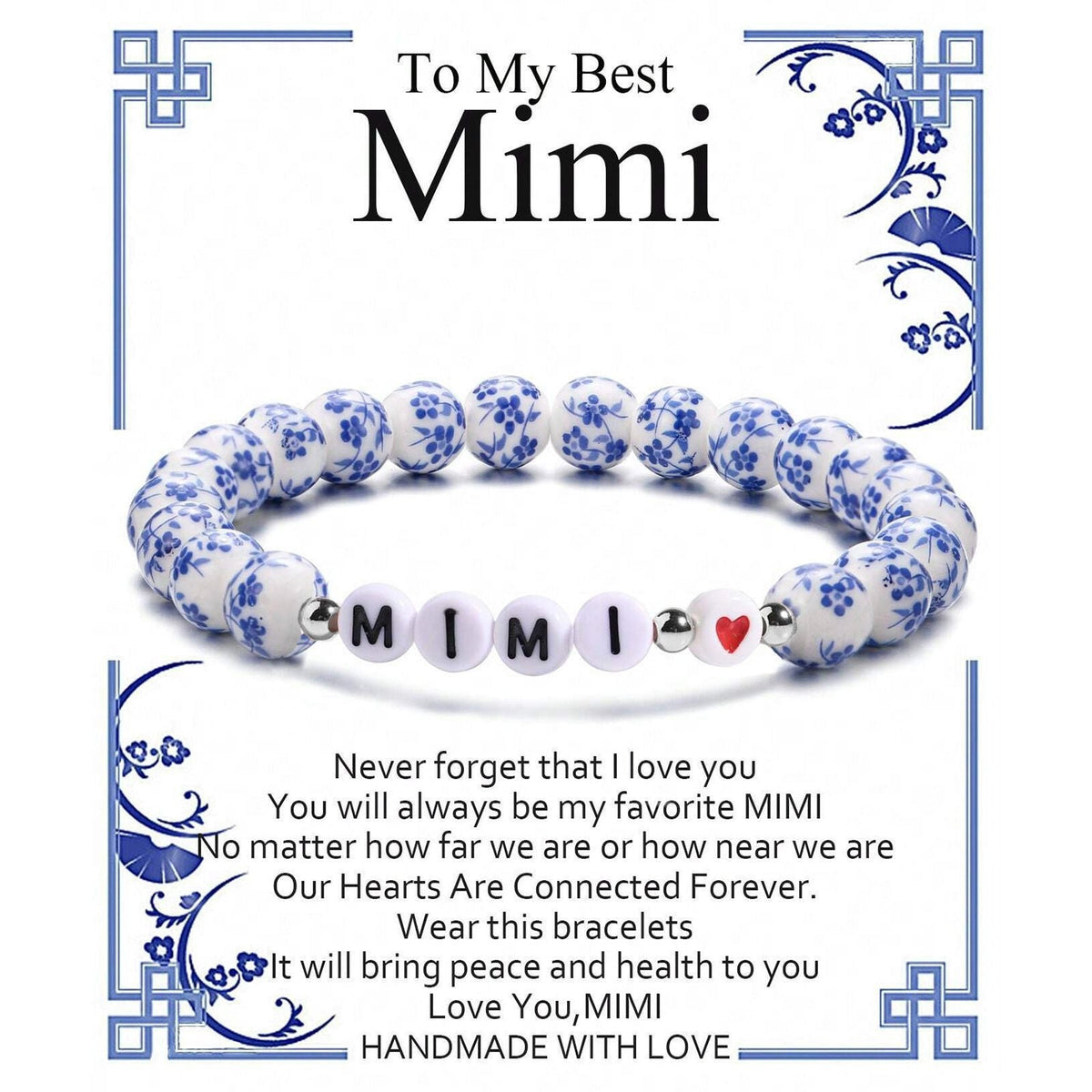 Blue and White Porcelain MAMA Beaded Bracelet