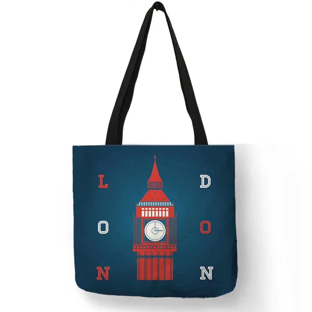 High Quality Linen Shoulder Bag | London Big Ben Tower & Rome Print Tote Bag (Fashion Ladies Casual Beach Shopping Handbag)