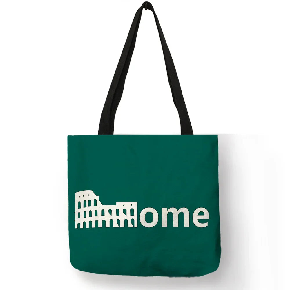 High Quality Linen Shoulder Bag | London Big Ben Tower & Rome Print Tote Bag (Fashion Ladies Casual Beach Shopping Handbag)