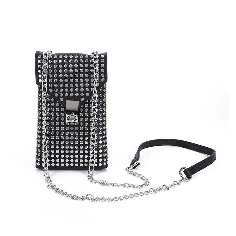 PU Leather Mini Shoulder & Crossbody Bag for Women | Rivet Flap Chain Designer Purse (Retro Phone Bag, Hip-Hop Style)