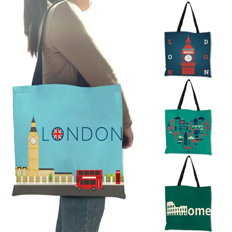 High Quality Linen Shoulder Bag | London Big Ben Tower & Rome Print Tote Bag (Fashion Ladies Casual Beach Shopping Handbag)