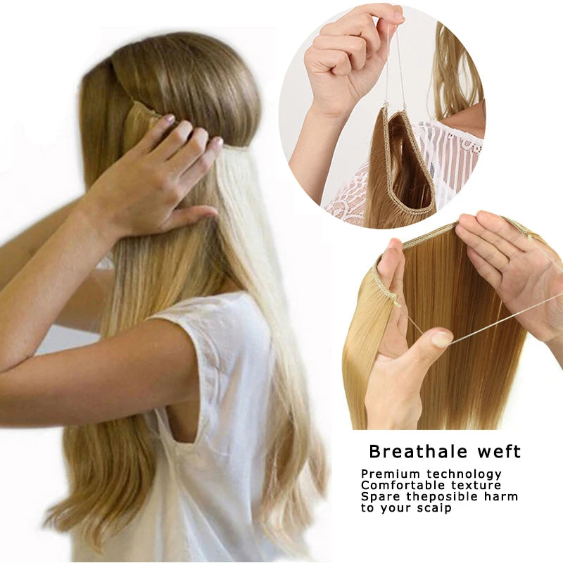 MANWEI24 inches Natural hair Invisible Wire in Synthetic Hair Extensions No Clip with Secrect Line Easy Attach halo hair
