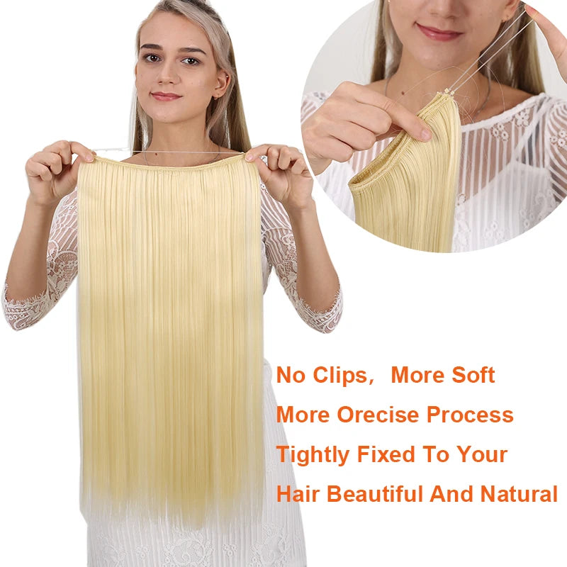 MANWEI24 inches Natural hair Invisible Wire in Synthetic Hair Extensions No Clip with Secrect Line Easy Attach halo hair