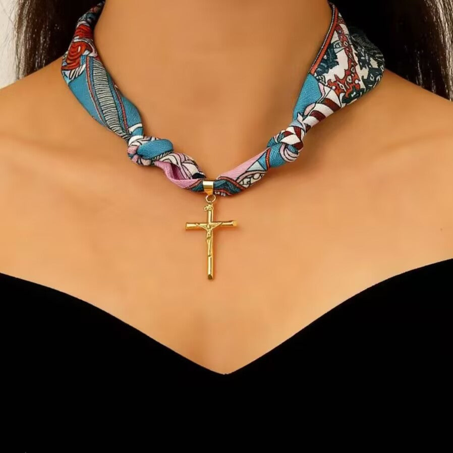 Hand-Tied Silk Scarf Cross Necklace