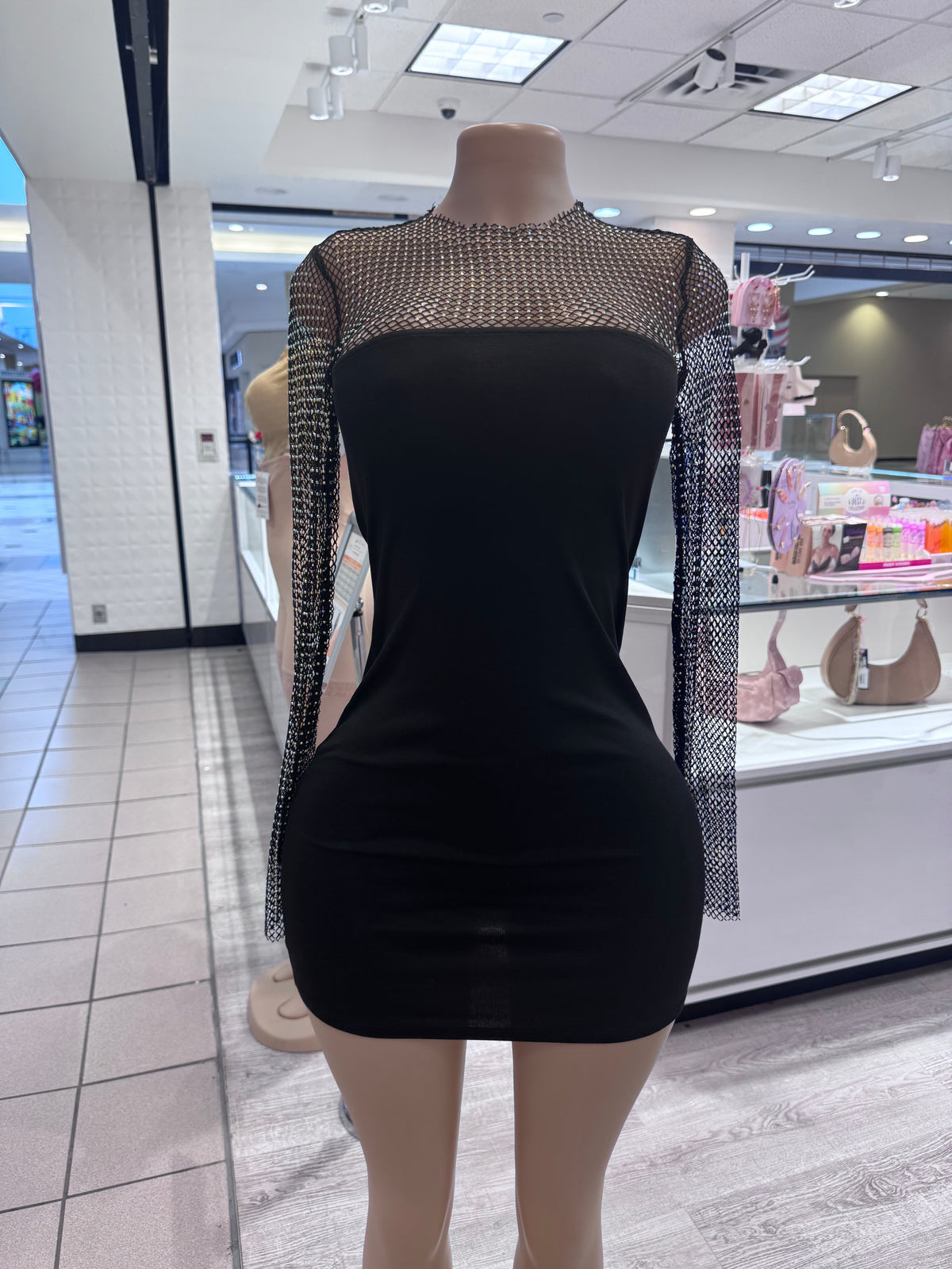 Laura Mesh Diamond Sleeve Mini Long Sleeve Dress