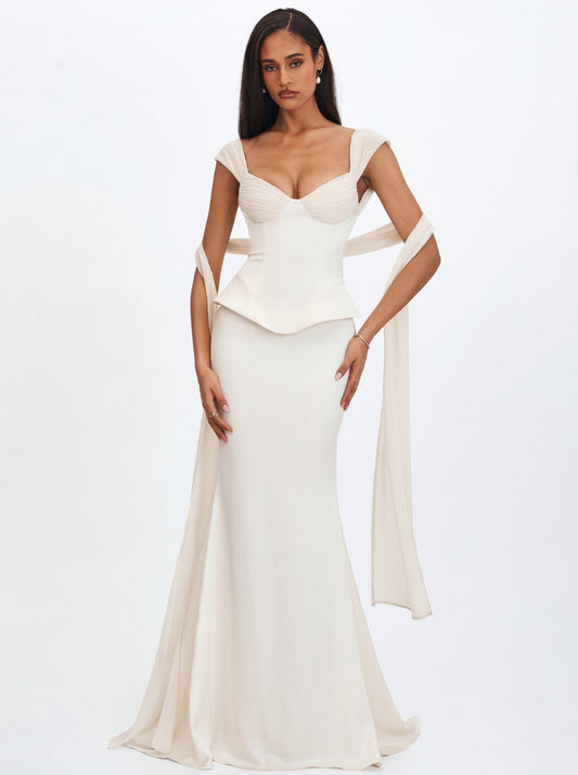 Jessalyn Ivory Sweetheart Peplum Mermaid Wedding Dress with Chiffon Scarf