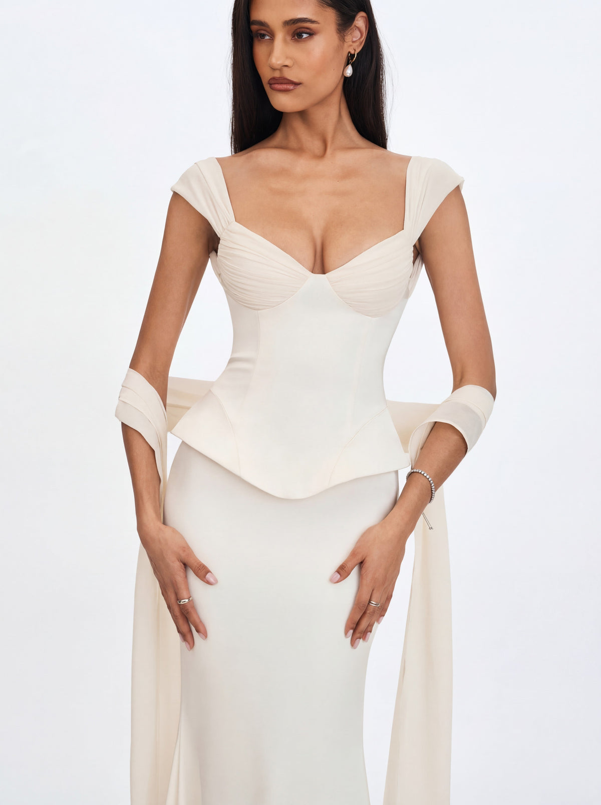 Jessalyn Ivory Sweetheart Peplum Mermaid Wedding Dress with Chiffon Scarf