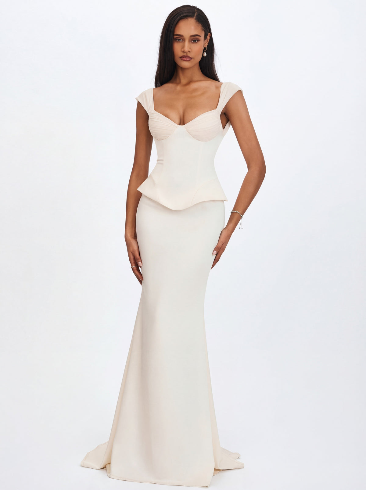 Jessalyn Ivory Sweetheart Peplum Mermaid Wedding Dress with Chiffon Scarf