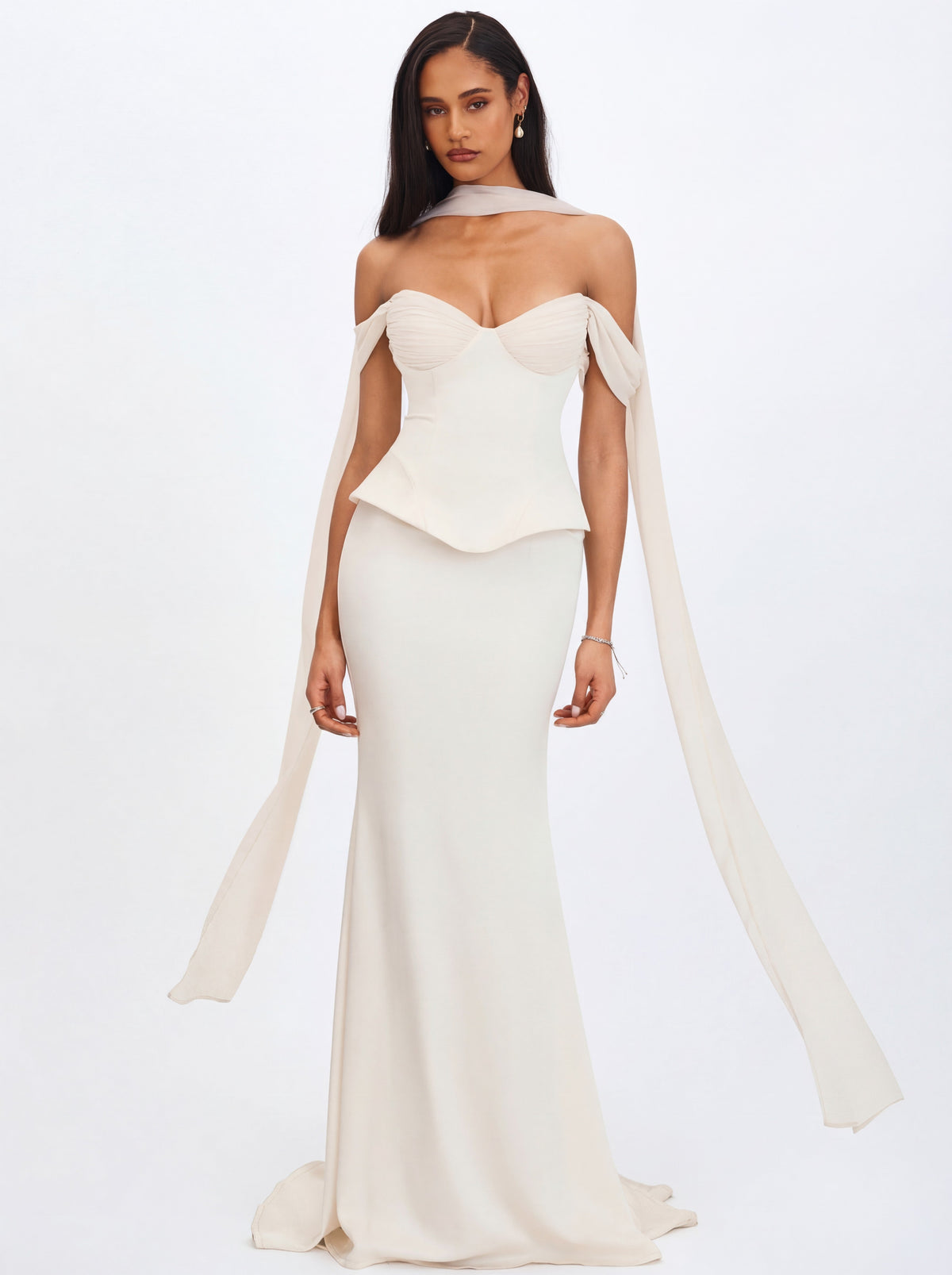Jessalyn Ivory Sweetheart Peplum Mermaid Wedding Dress with Chiffon Scarf