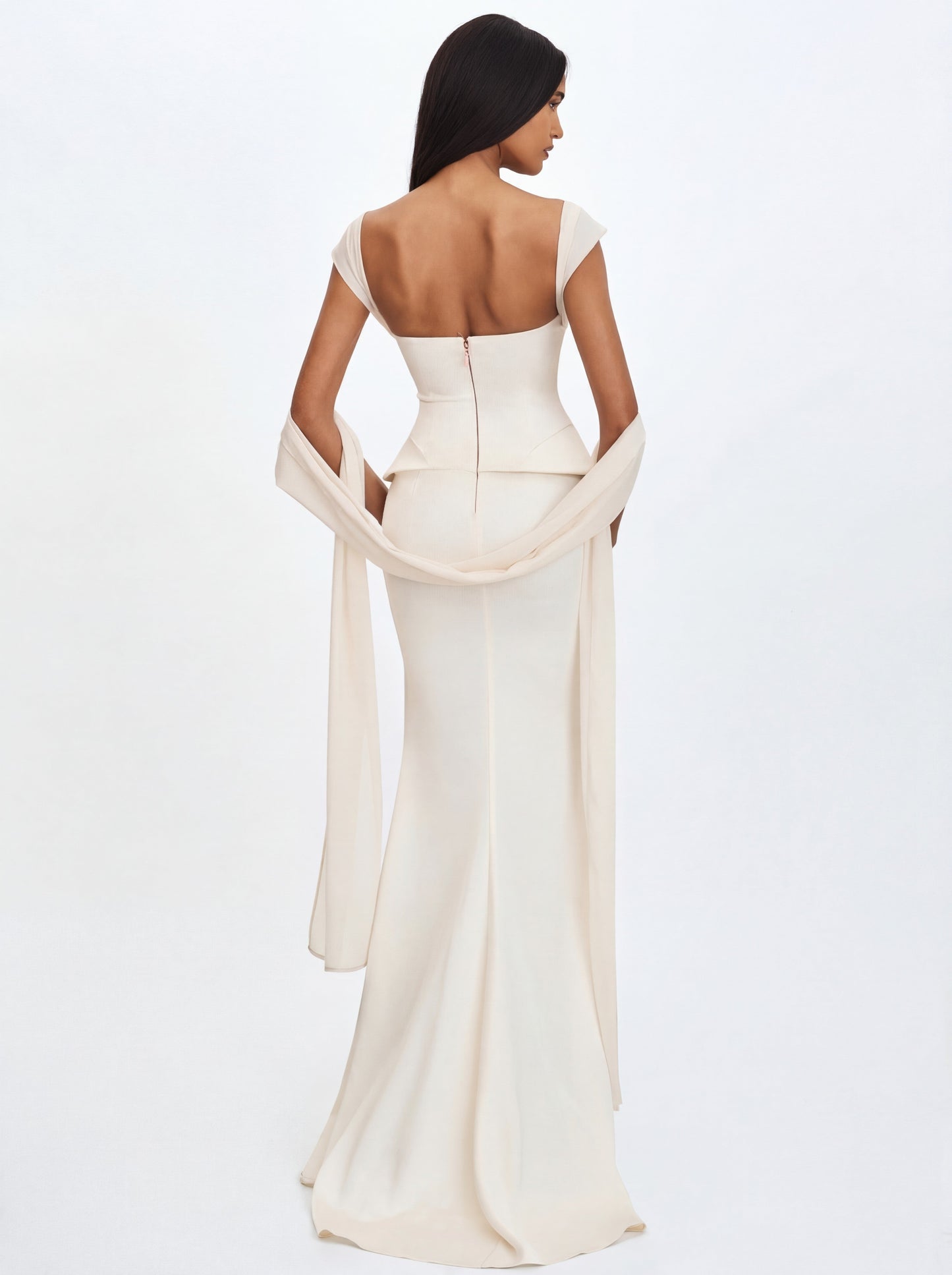 Jessalyn Ivory Sweetheart Peplum Mermaid Wedding Dress with Chiffon Scarf