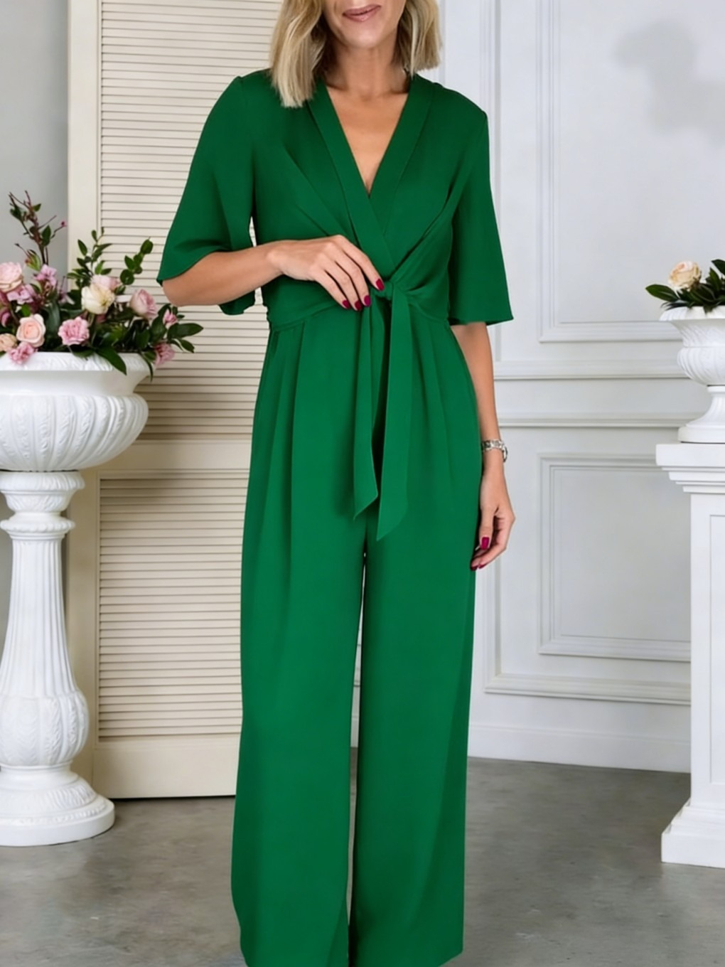 V-Neck Tie-Front Short Sleeve Jumpsuit