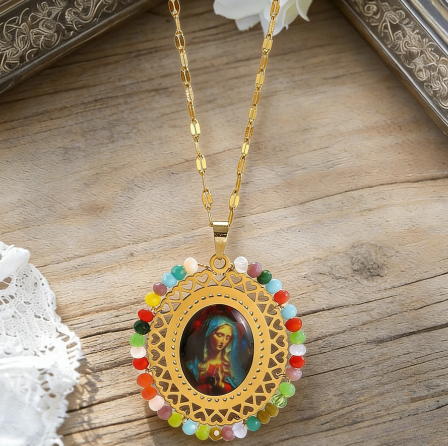 Stainless Steel Virgin Mary Crystal Pendant Necklace