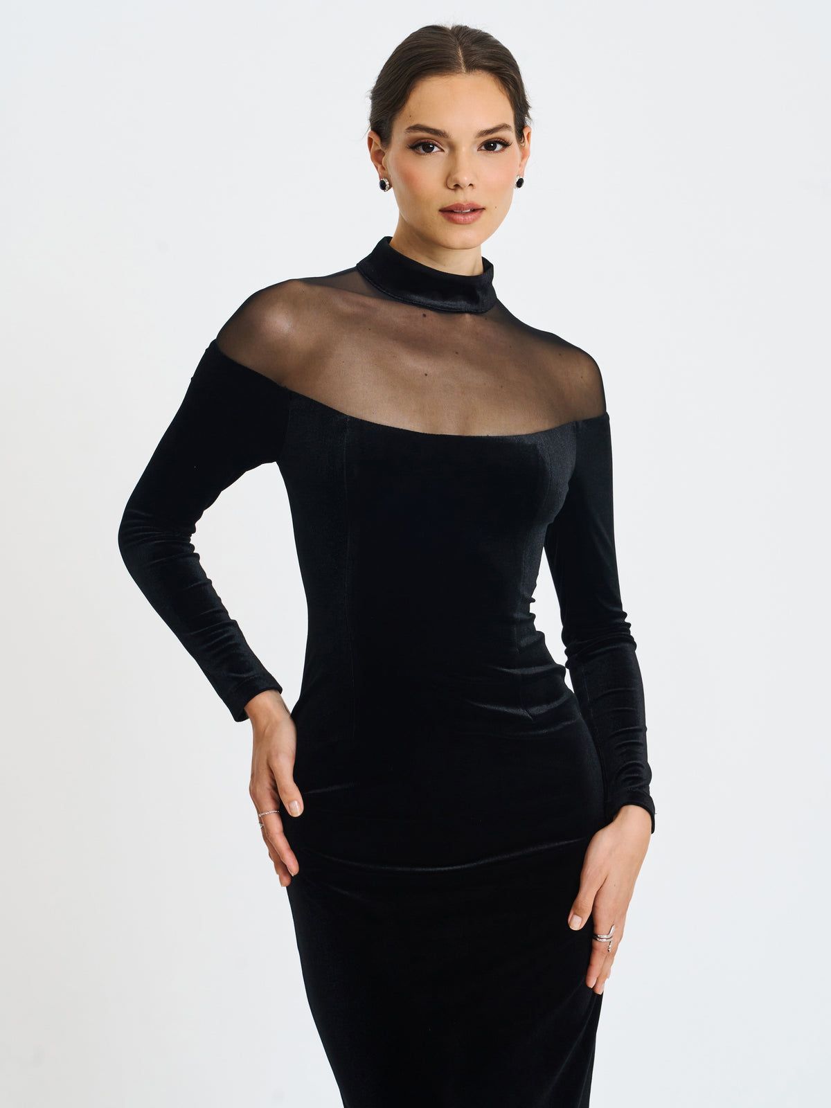 Blair Black Sheer Mock Neck Maxi Dress