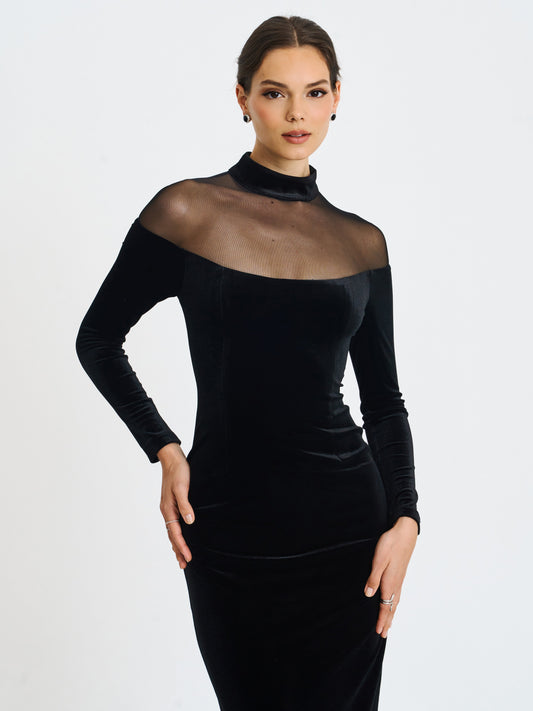 Blair Black Sheer Mock Neck Maxi Dress