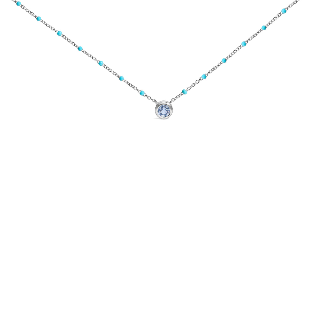 Sterling Silver Bezel Set Light Blue Aquamarine and Enamel Bead Chain Necklace