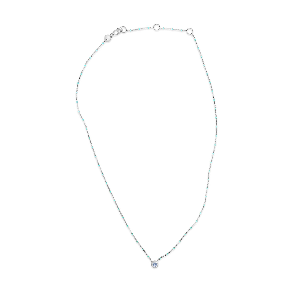 Sterling Silver Bezel Set Light Blue Aquamarine and Enamel Bead Chain Necklace