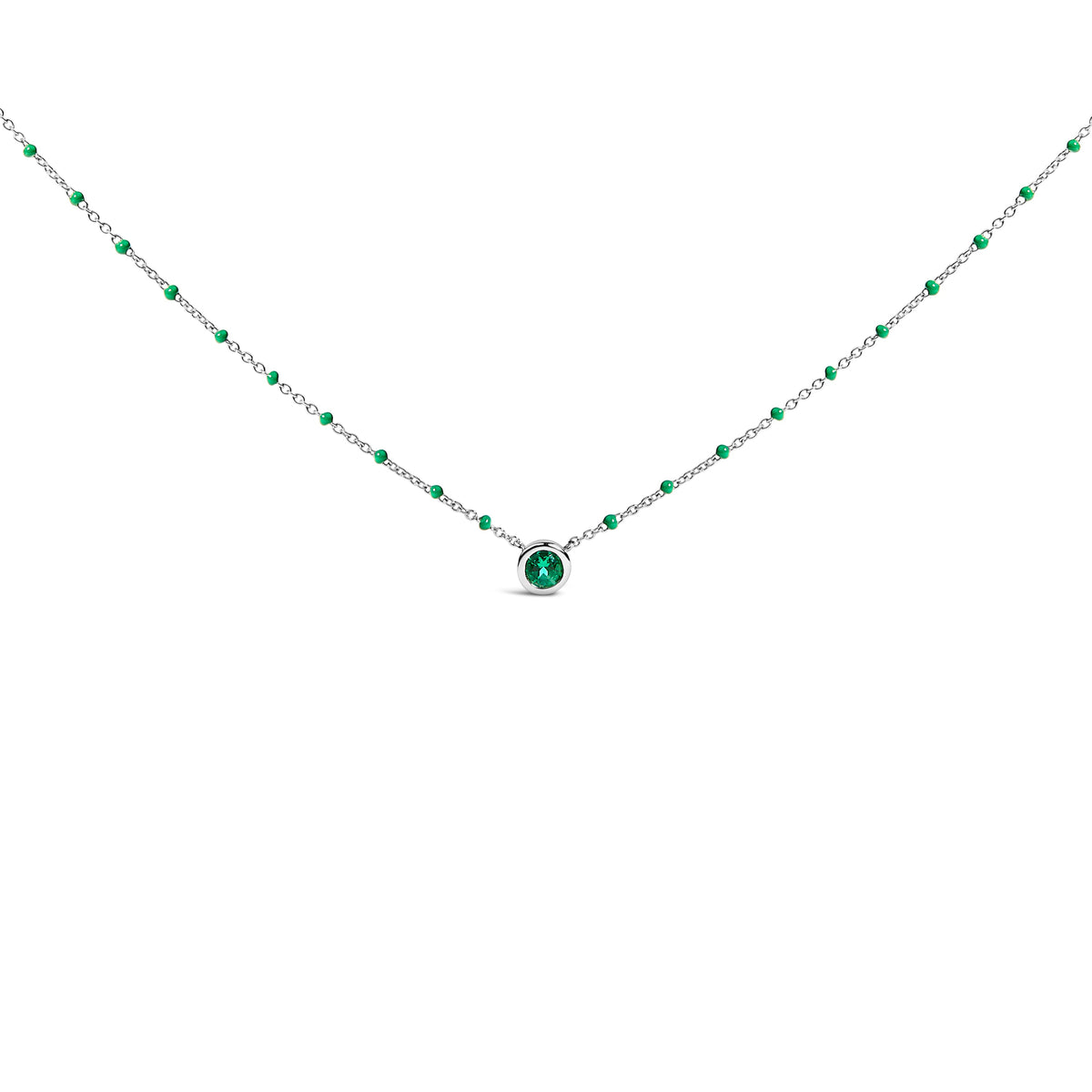 Sterling Silver Lab Created Emerald Bead Chain Necklace